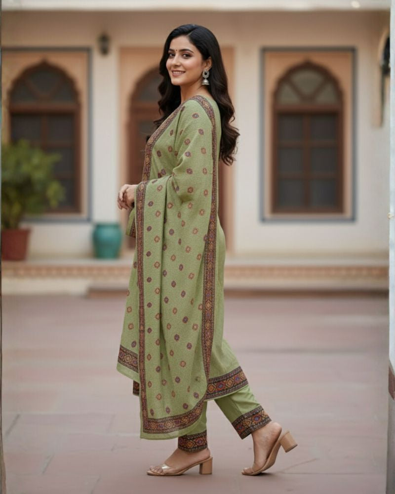 KRITI महिलाओं के लिए डिजिटल प्रिंट ऊनी हरा रंग अनस्टिच्ड फ़ैब्रिक सूट सेट विंटरवियर 