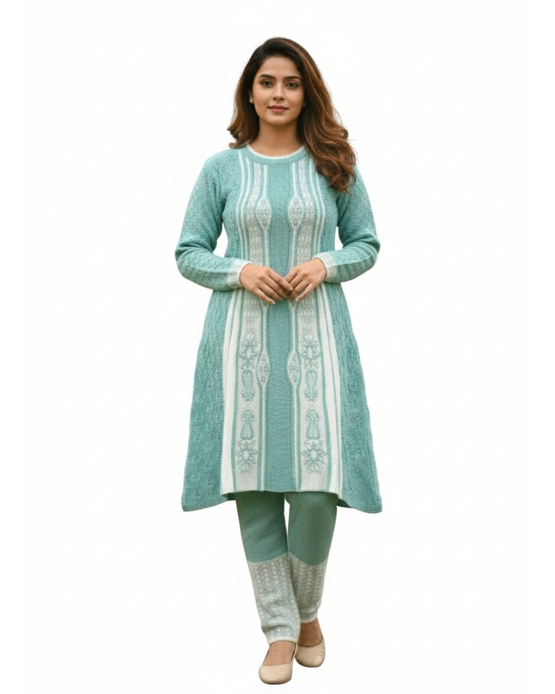 Full Sleeve Knee Length Woolen Fabric Sea Green Color 3 PC Kurti Set For Women