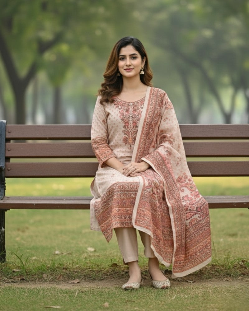 KRITI ऊनी डिजिटल प्रिंट सिले सूट पीच रंग महिलाओं के लिए सर्दियों के लिए