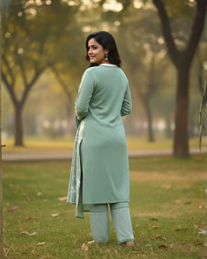 प्रीमियम 3-पीस ऊनी विंटर कुर्ती सेट | बॉटम और स्टोल के साथ बुना हुआ कुर्ता | M-XXL साइज़