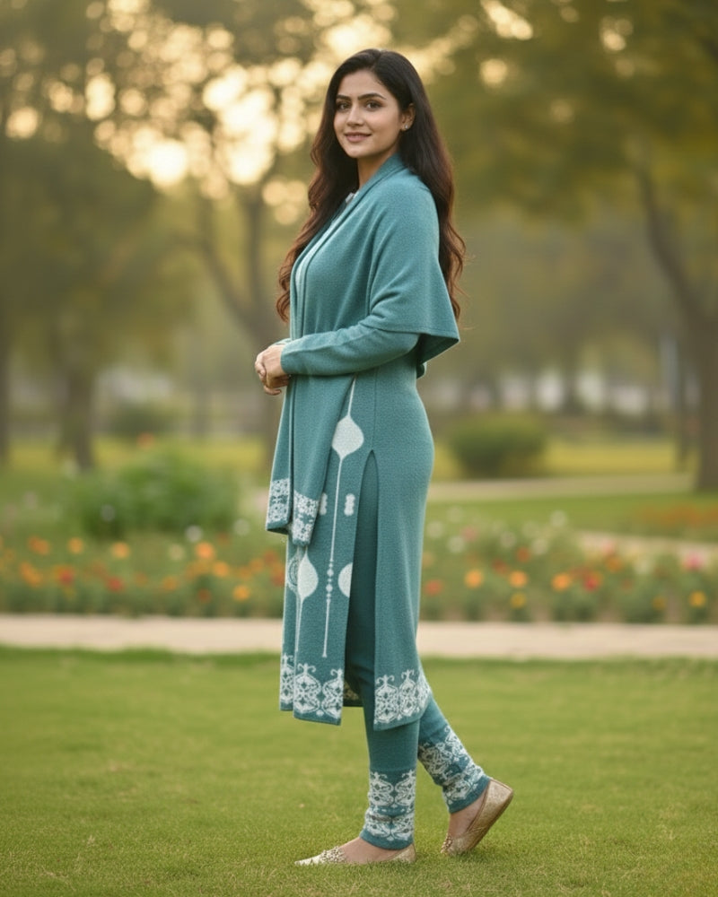 KRITI Wool Blend 3-Piece Embroidered  Kurti Set for Women | Warm Knitted Kurti Lower & Stole Dupatta | Winter Indian Ethnic Wear Suit | M to XXL |