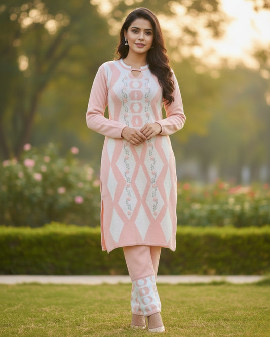 Women's Geometric Print Peach Color Woolen Kurti Set  | Warm Winter 3-Piece Suit