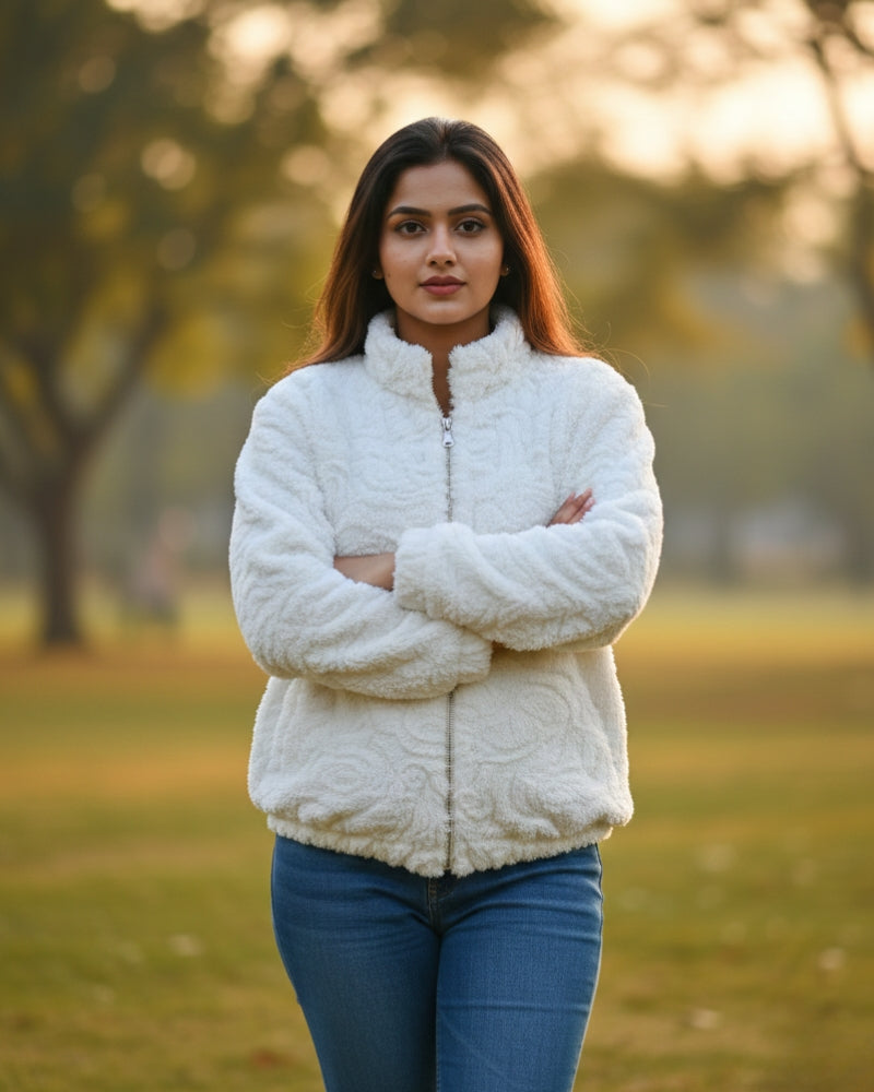 KRITI Women’s Premium Wool Blend Faux Fur White Color Winter Jacket