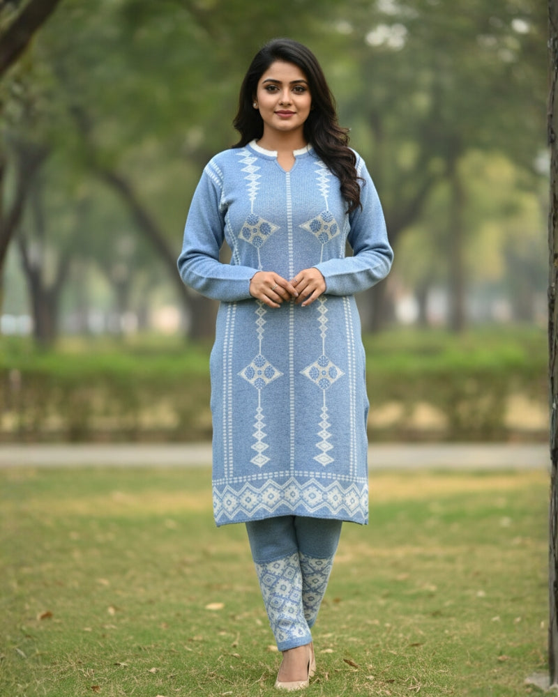 प्रीमियम 3-पीस ऊनी विंटर कुर्ती सेट | बॉटम और स्टोल के साथ बुना हुआ कुर्ता | M-XXL साइज़