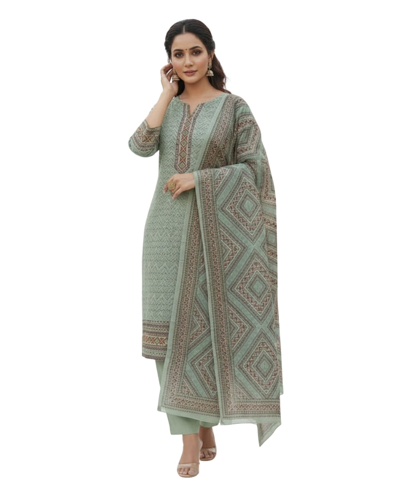 KRITI महिलाओं के लिए डिजिटल प्रिंट ऊनी मिंट रंग का अनस्टिच्ड फ़ैब्रिक सूट सेट विंटरवियर 