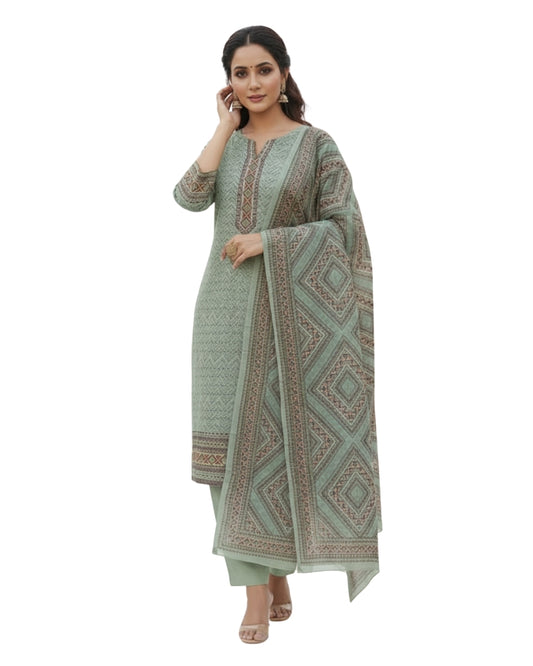 KRITI महिलाओं के लिए डिजिटल प्रिंट ऊनी मिंट रंग का अनस्टिच्ड फ़ैब्रिक सूट सेट विंटरवियर 