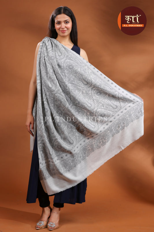 KRITI Premium Paisley Floral Design Fine Wool Grey Shawl for Women