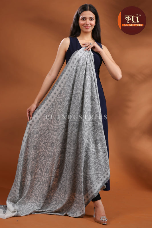 KRITI Premium Paisley Floral Design Fine Wool Grey Shawl for Women