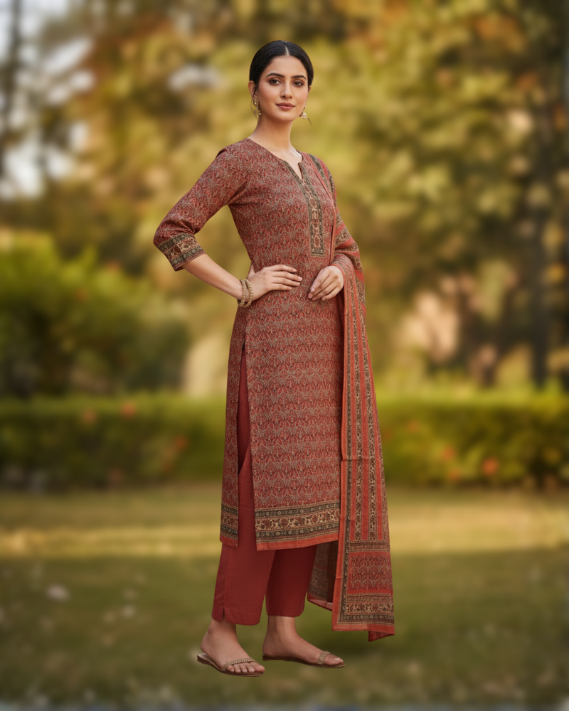 Winter Woolen Unstitched Suit - Red