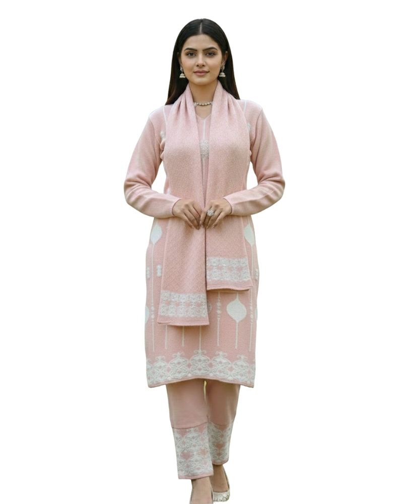 KRITI Wool Blend 3-Piece Embroidered Kurti Set for Women | Warm Knitted Kurti Lower & Stole Dupatta | Winter Indian Ethnic Wear Suit | M to XXL |