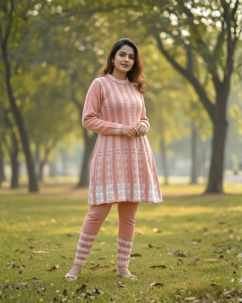KRITI बुना हुआ ऊनी फ्रॉक कुर्ता सेट | बॉटम वियर के साथ 2-पीस विंटर कुर्ती 