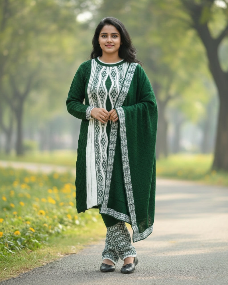 Full Sleeve Knee Length Hair Wool Fabric Bottle Green Color 3 PC Kurti Set For Women