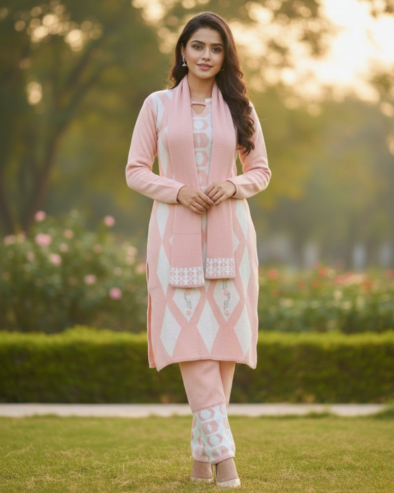 Women's Geometric Print Peach Color Woolen Kurti Set  | Warm Winter 3-Piece Suit