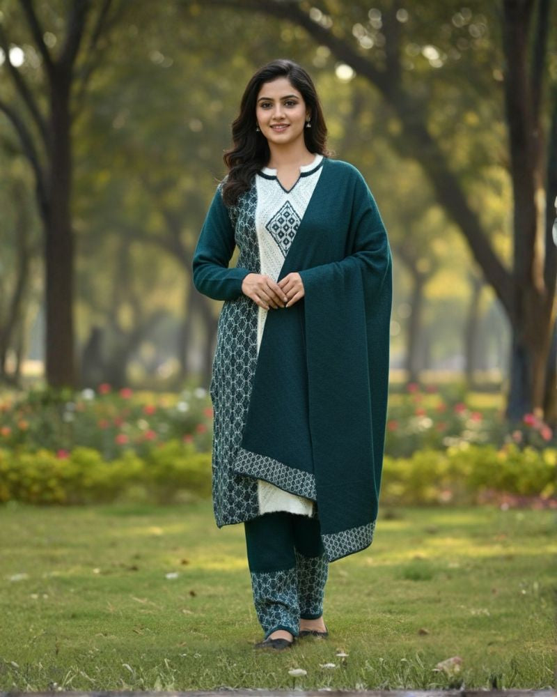 प्रीमियम 3-पीस ऊनी विंटर कुर्ती सेट | बॉटम और स्टोल के साथ बुना हुआ कुर्ता | M-XXL साइज़