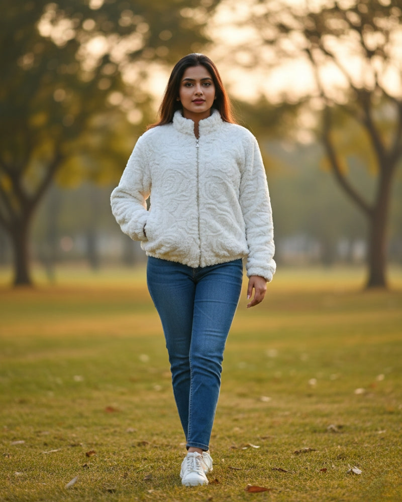 KRITI Women’s Premium Wool Blend Faux Fur White Color Winter Jacket
