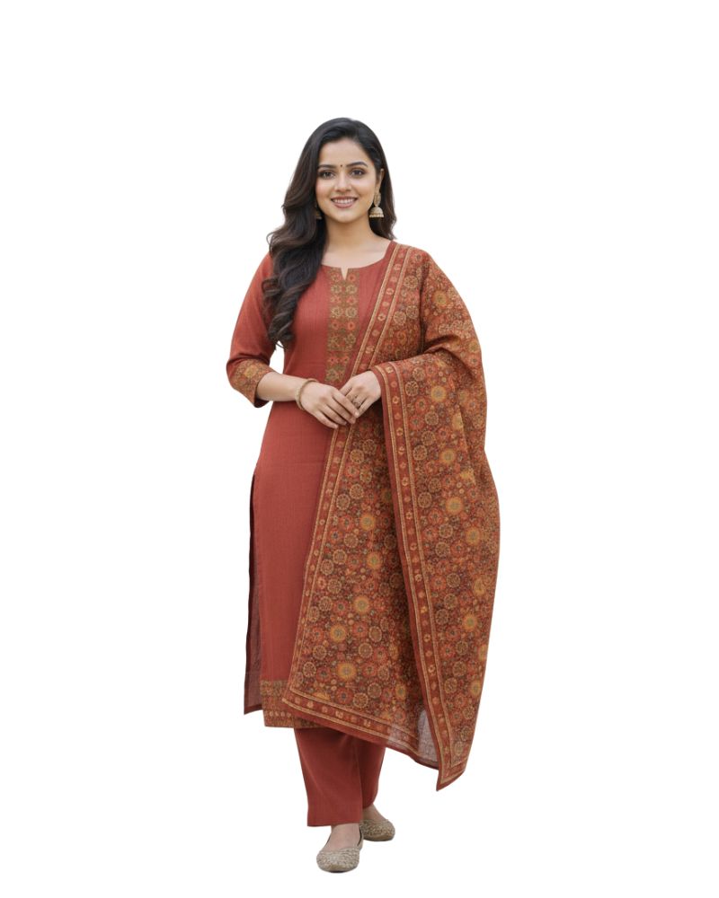 KRITI महिलाओं के लिए डिजिटल प्रिंट ऊनी लाल रंग का अनस्टिच्ड फ़ैब्रिक सूट सेट विंटरवियर 