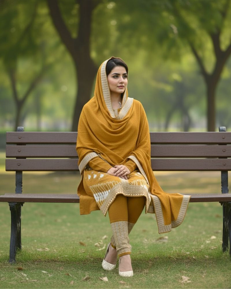 Premium 3-Piece Woolen Winter Kurti Set | Woven Kurta with Bottom & Stole | M-XXL Size