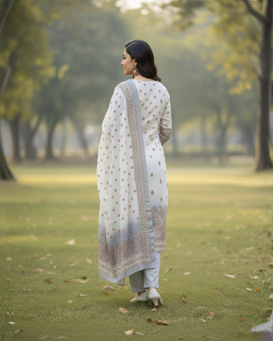 KRITI Winter Woolen Digital Print Stitched Suit Grey Color For Women