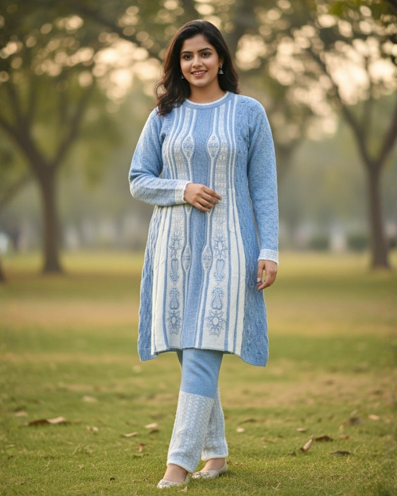 Full Sleeve Knee Length Woolen Fabric SkyBlue Color 3 PC Kurti Set For Women