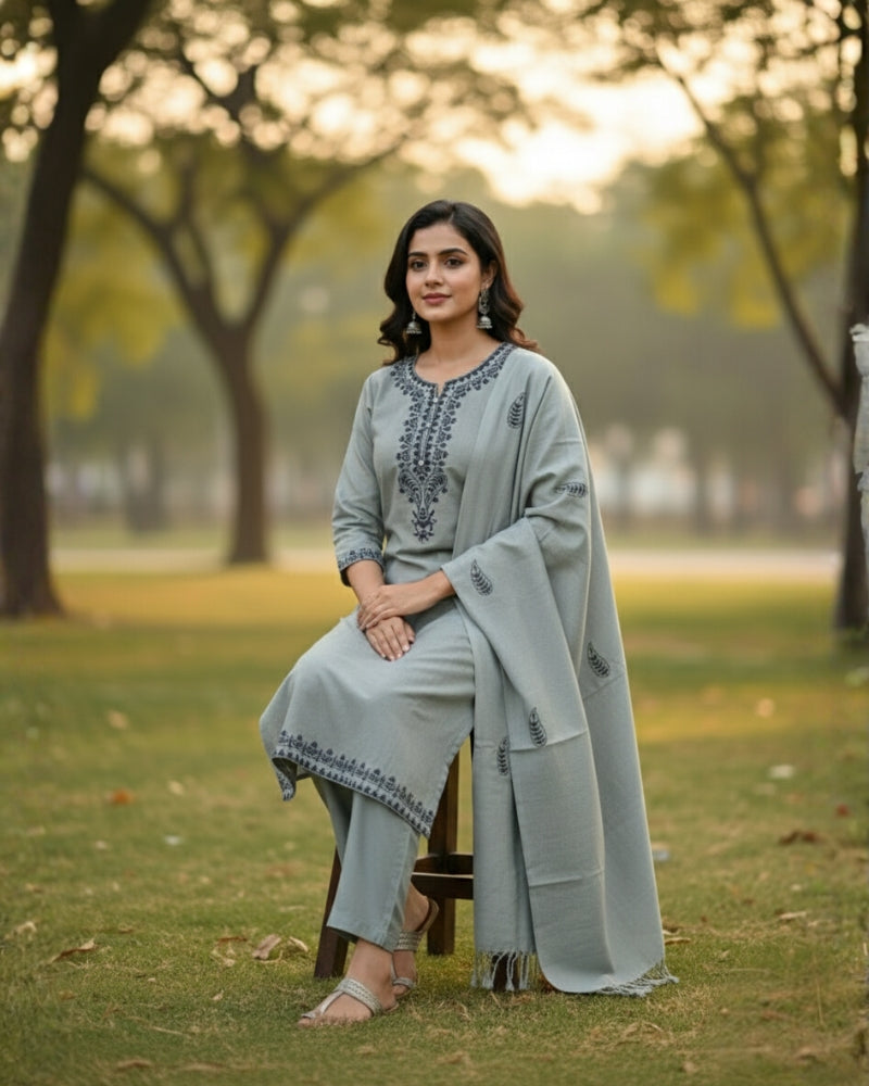 कृति ऊनी कढ़ाईदार सिले सूट ग्रे रंग महिलाओं के लिए सर्दियों