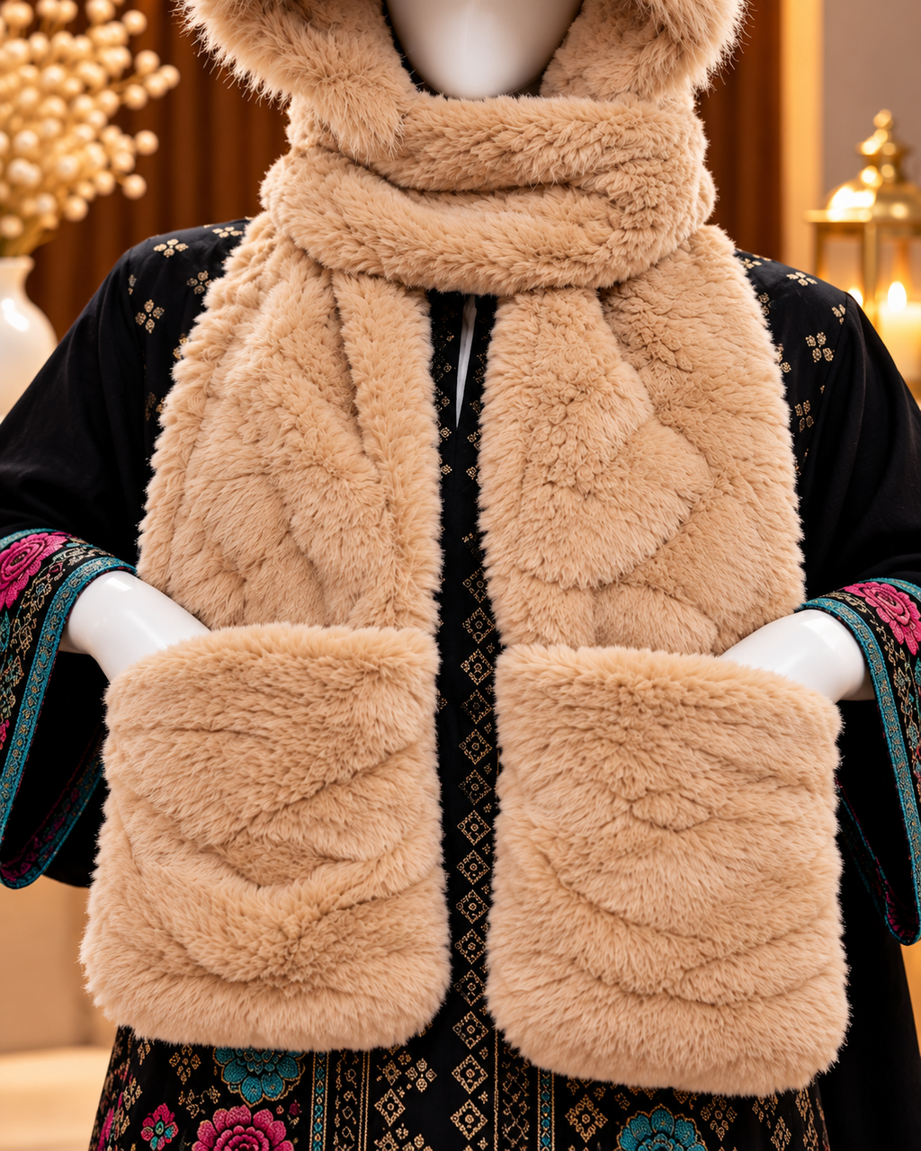 Faux Fur Teddy Bear Hooded Cap with Neck Warmer - Beige