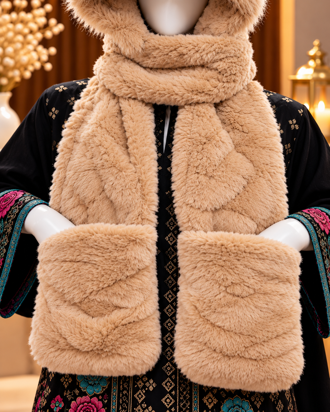 Faux Fur Teddy Bear Hooded Cap with Neck Warmer - Beige