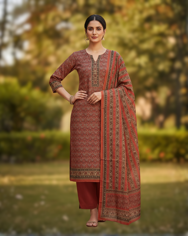 Winter Woolen Unstitched Suit - Red