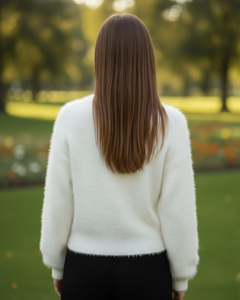 Women's Open Front Woolen Fluffy Top | White Oversized Fuzzy Shaggy Top | Long Sleeve & Loose Fit