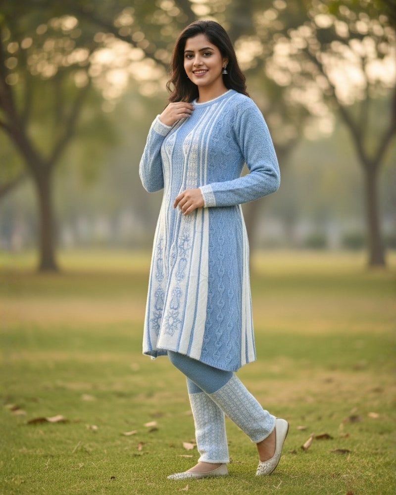 Full Sleeve Knee Length Woolen Fabric SkyBlue Color 3 PC Kurti Set For Women