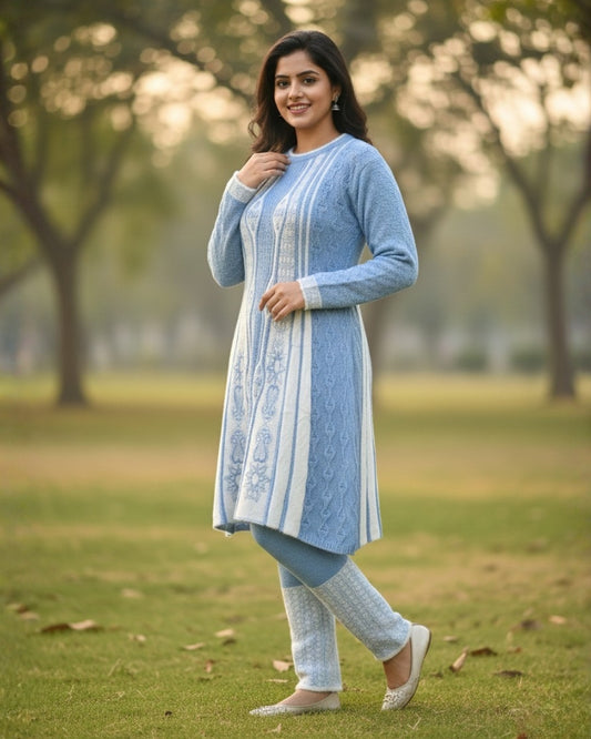 Full Sleeve Knee Length Woolen Fabric SkyBlue Color 3 PC Kurti Set For Women