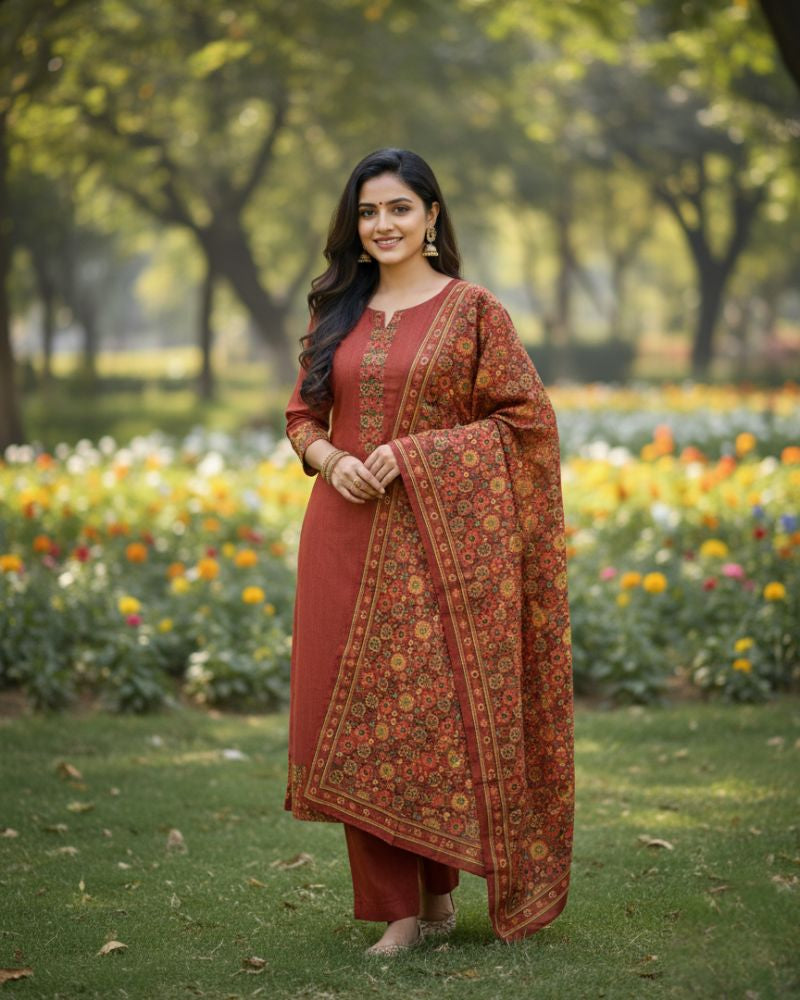 KRITI महिलाओं के लिए डिजिटल प्रिंट ऊनी लाल रंग का अनस्टिच्ड फ़ैब्रिक सूट सेट विंटरवियर 