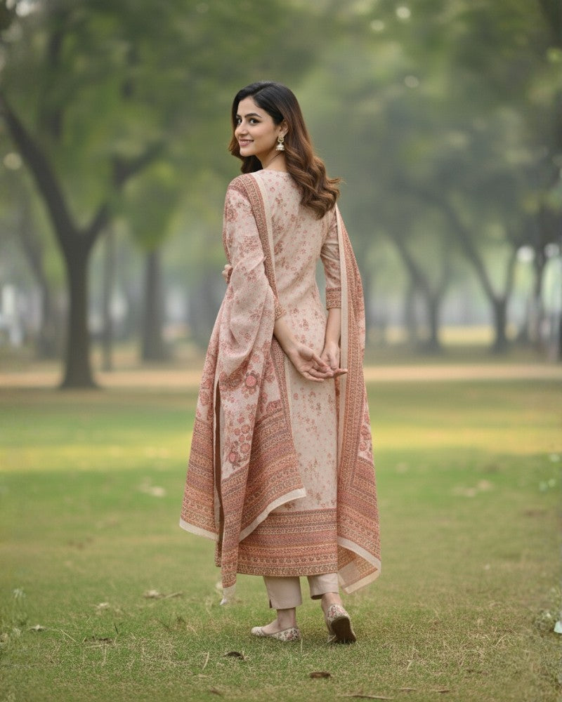 KRITI ऊनी डिजिटल प्रिंट सिले सूट पीच रंग महिलाओं के लिए सर्दियों के लिए