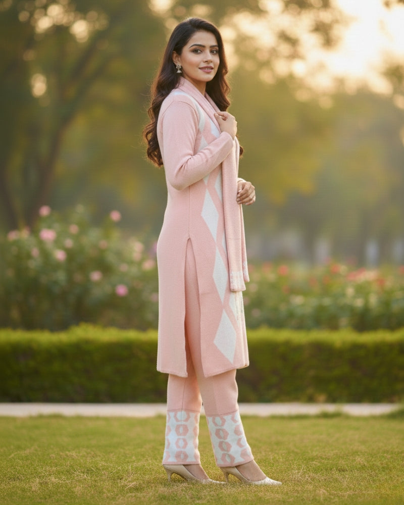 Women's Geometric Print Peach Color Woolen Kurti Set  | Warm Winter 3-Piece Suit