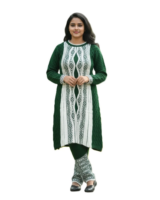Full Sleeve Knee Length Hair Wool Fabric Bottle Green Color 3 PC Kurti Set For Women