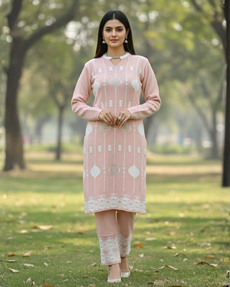 KRITI Wool Blend 3-Piece Embroidered Kurti Set for Women | Warm Knitted Kurti Lower & Stole Dupatta | Winter Indian Ethnic Wear Suit | M to XXL |