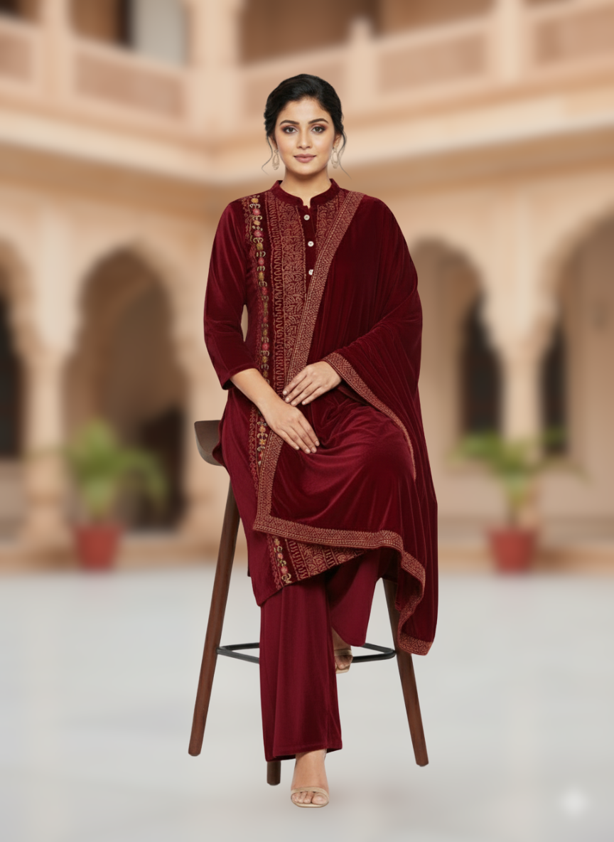 KRITI विंटर वेलवेट 3 पीस कढ़ाई वाली कुर्ती सेट मैरून रंग महिलाओं के लिए