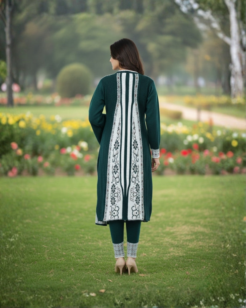 KRITI Winter Embroidery 3 Piece Kurti Set Bottle Green Color For Women