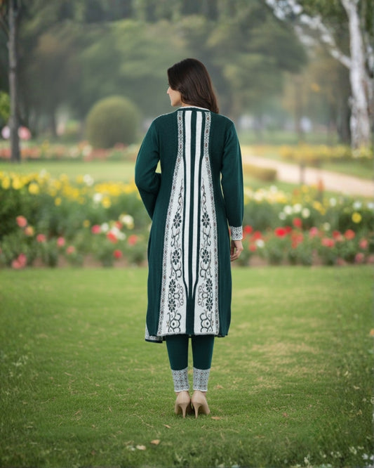 KRITI Winter Embroidery 3 Piece Kurti Set Bottle Green Color For Women