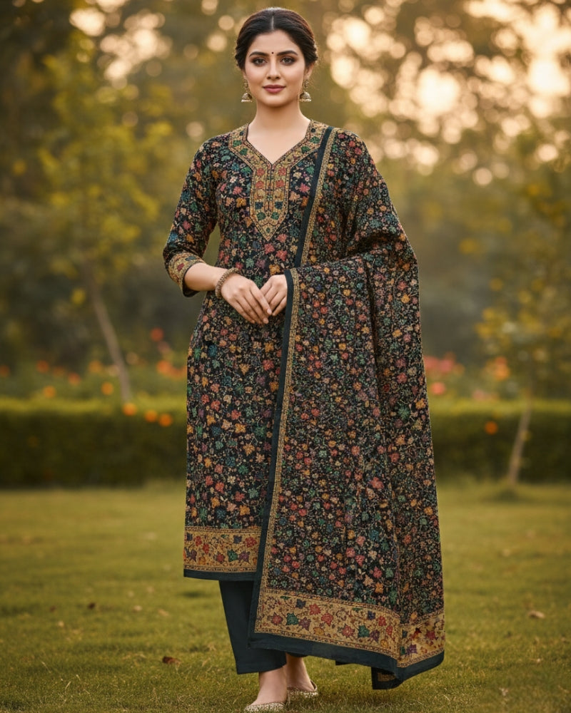 KRITI महिलाओं के लिए फ्लोरल डिज़ाइन ऊनी काला हरा रंग अनस्टिच्ड फ़ैब्रिक सूट सेट विंटरवियर 