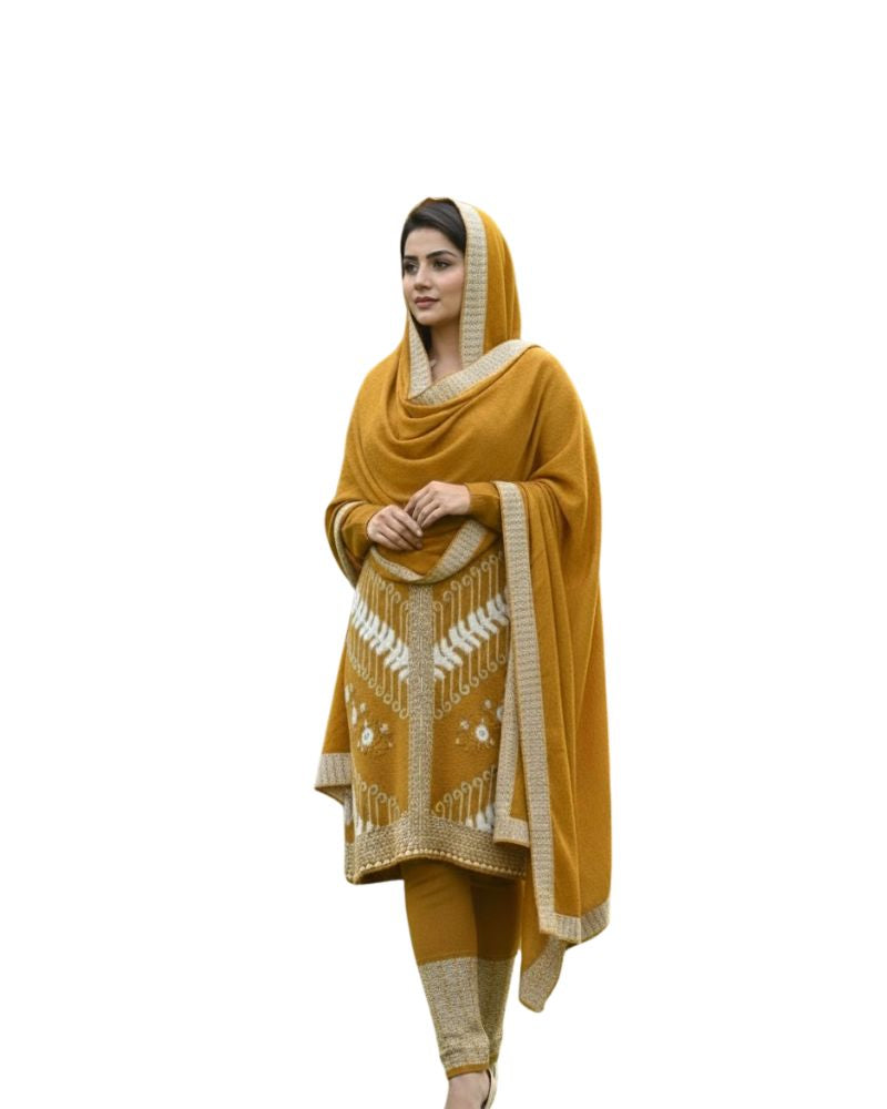 Premium 3-Piece Woolen Winter Kurti Set | Woven Kurta with Bottom & Stole | M-XXL Size
