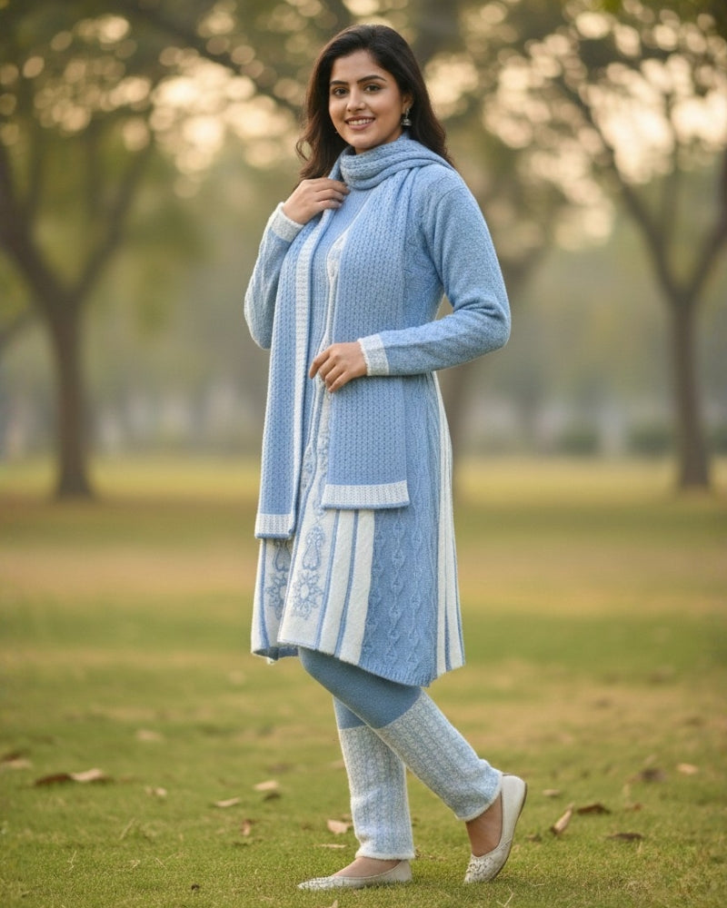 Full Sleeve Knee Length Woolen Fabric 3 PC Kurti - SkyBlue