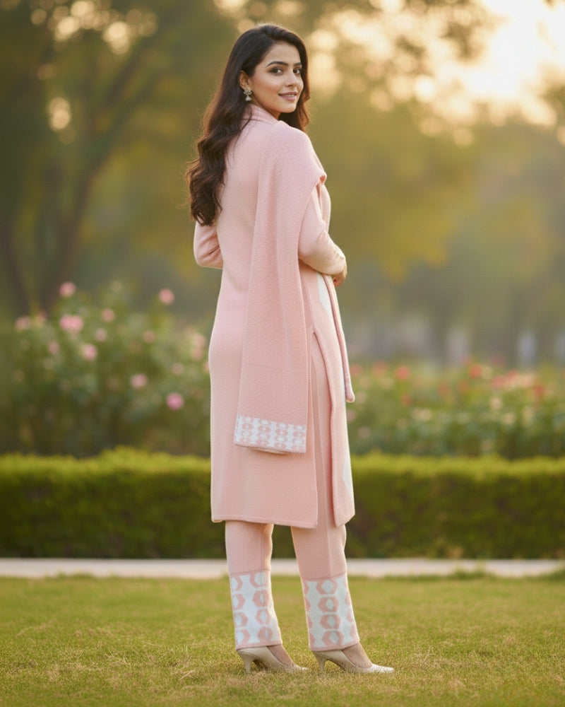 Women's Geometric Print Peach Color Woolen Kurti Set  | Warm Winter 3-Piece Suit