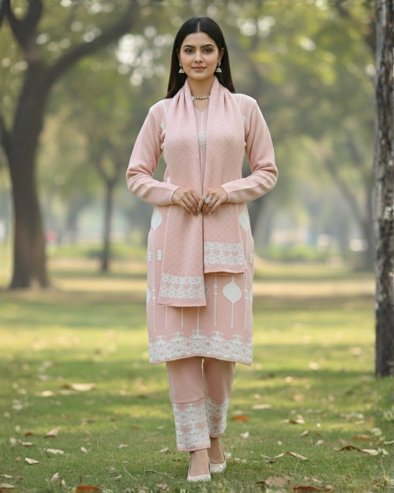 KRITI Wool Blend 3-Piece Embroidered Kurti Set for Women | Warm Knitted Kurti Lower & Stole Dupatta | Winter Indian Ethnic Wear Suit | M to XXL |