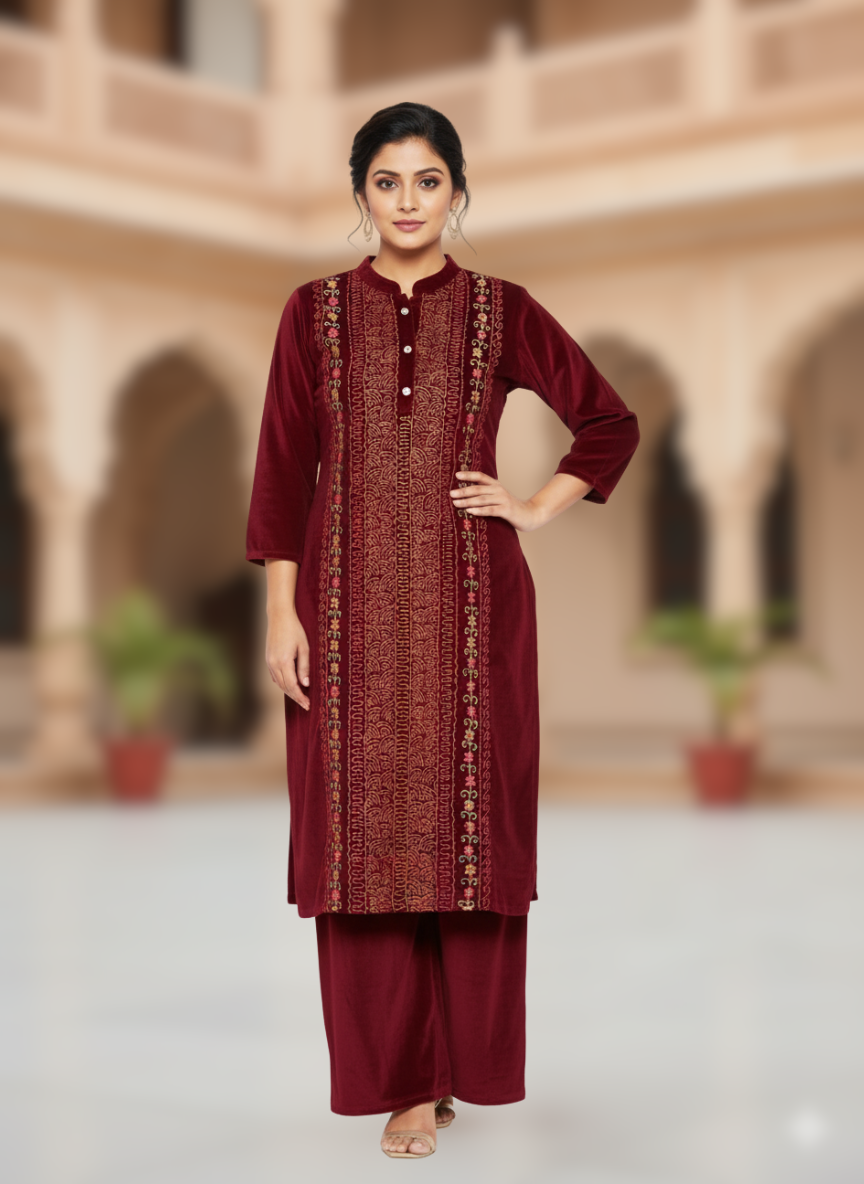 KRITI विंटर वेलवेट 3 पीस कढ़ाई वाली कुर्ती सेट मैरून रंग महिलाओं के लिए