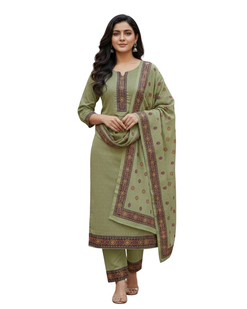 KRITI महिलाओं के लिए डिजिटल प्रिंट ऊनी हरा रंग अनस्टिच्ड फ़ैब्रिक सूट सेट विंटरवियर 