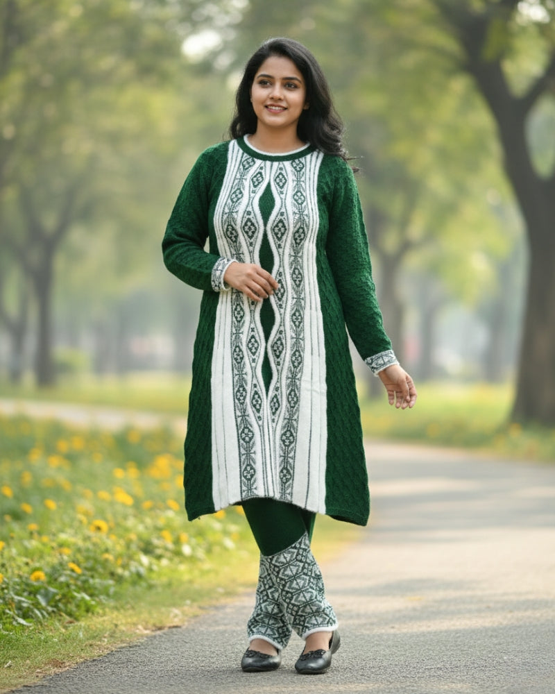 Full Sleeve Knee Length Hair Wool Fabric Bottle Green Color 3 PC Kurti Set For Women