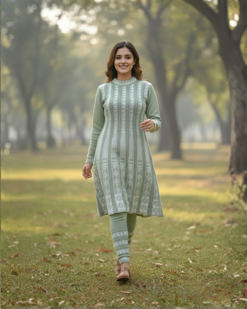 KRITI बुना हुआ ऊनी फ्रॉक कुर्ता सेट | बॉटम वियर के साथ 2-पीस विंटर कुर्ती 