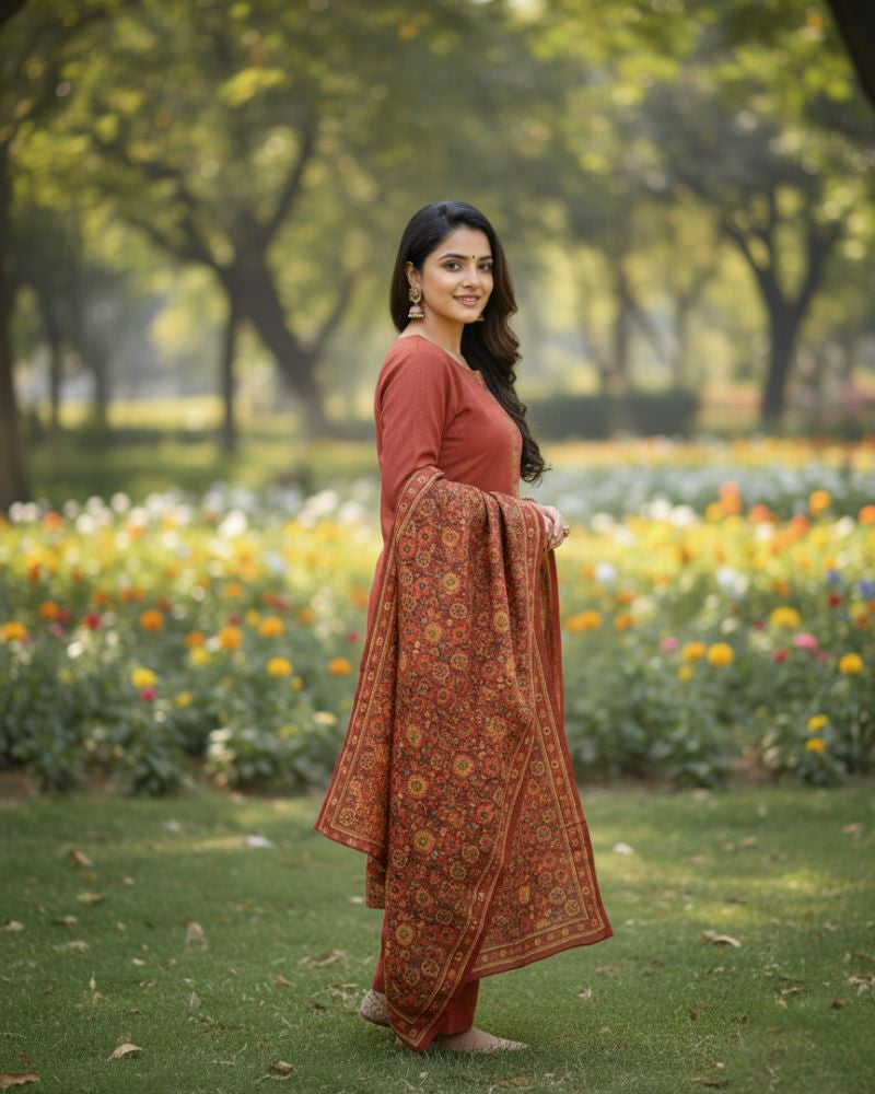 KRITI Winter Woolen Unstitched Suit Orange Color For Women