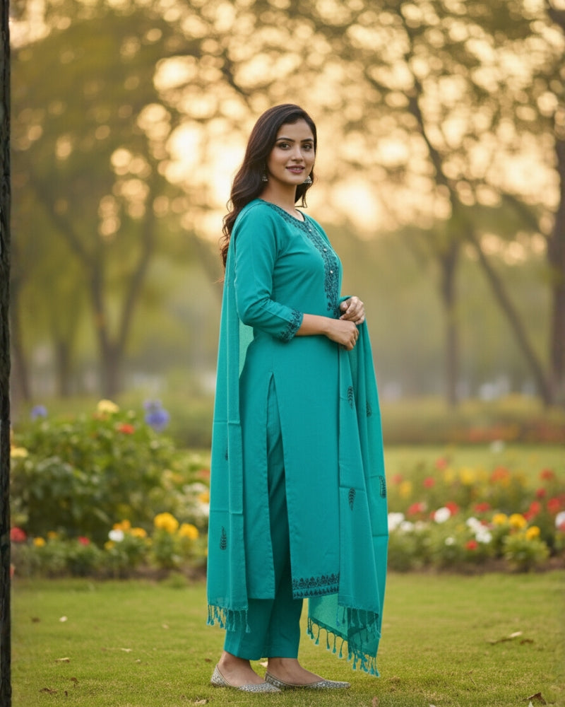 KRITI ऊनी कढ़ाई वाला सिला हुआ सूट फिरोजी रंग महिलाओं के लिए सर्दियों के लिए