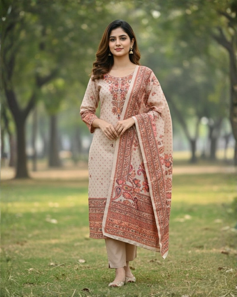 KRITI ऊनी डिजिटल प्रिंट सिले सूट पीच रंग महिलाओं के लिए सर्दियों के लिए